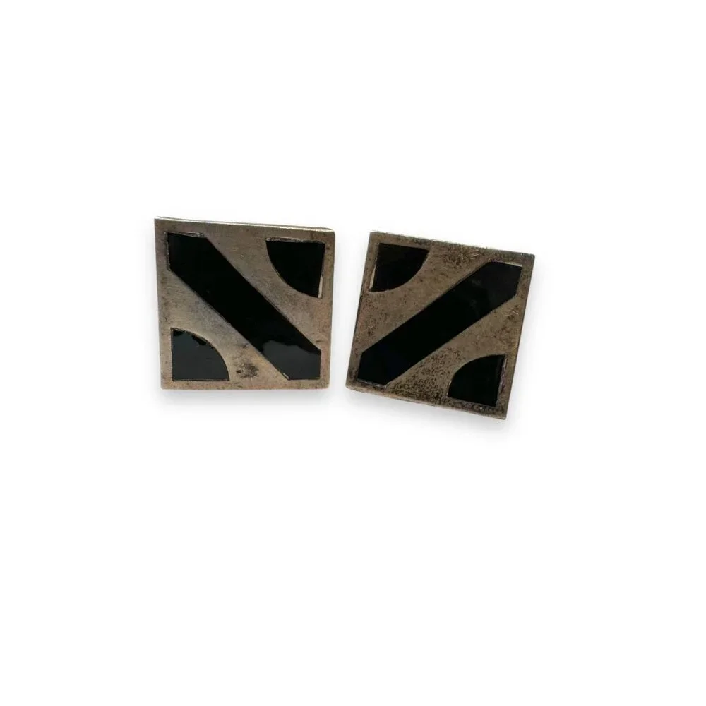 Vintage Mexican Sterling Silver Onyx Inlay Square Cufflinks Alpaca Toggle